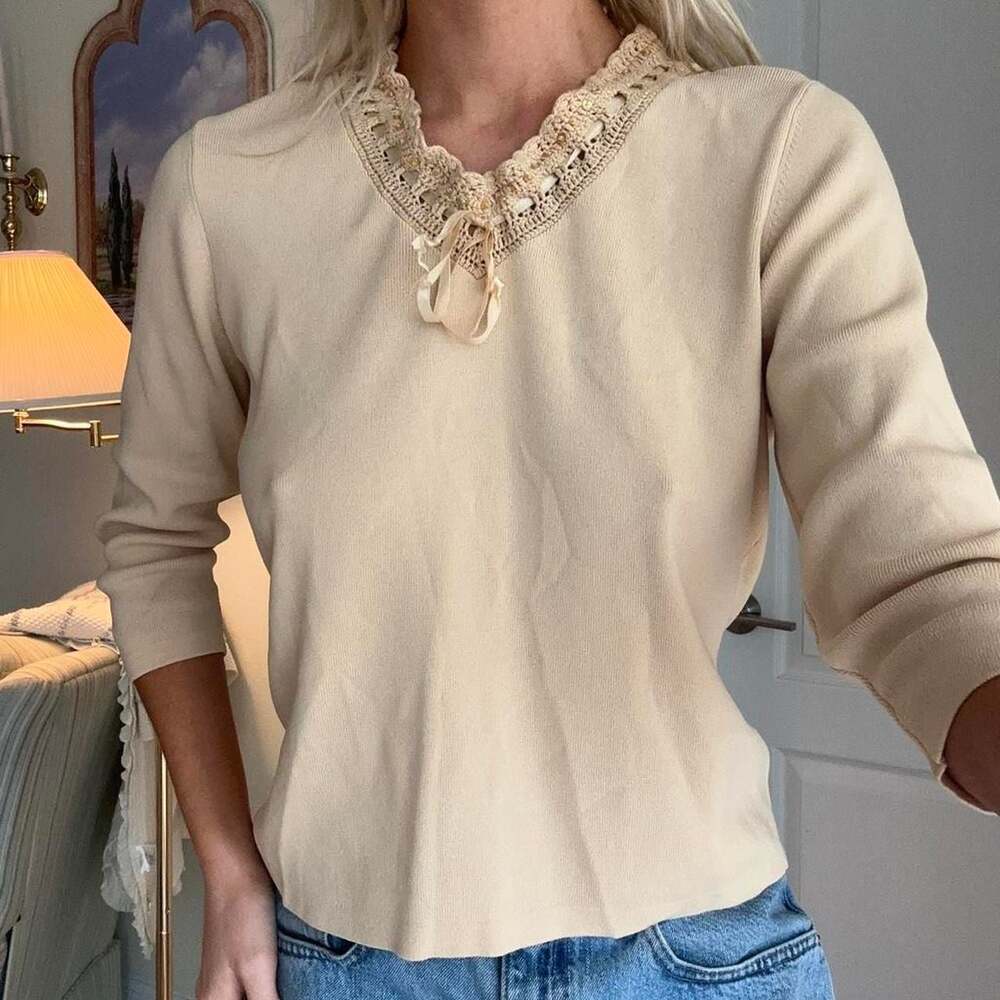 Dressbarn Petite Y2K Knit Top Beige Lace Trim Sequin Detail